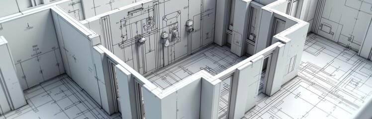 High-angle illustration of home renovation schematic. Technical drawing details plumbing, electrical systems, pipes, wires, conduits, connections. Architectural blueprint shows home infrastructure,