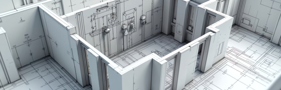 High-angle illustration of home renovation schematic. Technical drawing details plumbing, electrical systems, pipes, wires, conduits, connections. Architectural blueprint shows home infrastructure,