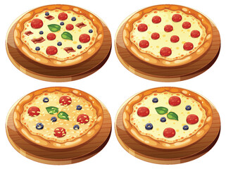 Four Varieties of Pizza on Wooden Boards Illustration