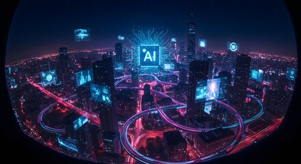 Fototapeta premium Futuristic Night Cityscape with Ai Core and Digital Network Overlay