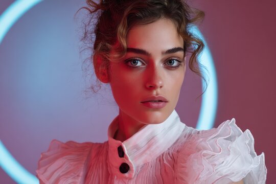 Studio portrait of a woman experimenting with digital fashion overlays in AR multicolored fill lights with chromatic shadows detailed