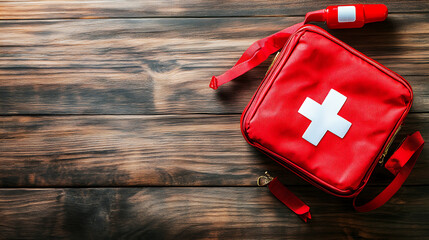 first aid medical kit wood background copy space top view health medicals care bandage help white cross medicine wooden background ai generative