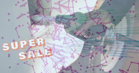 Animation of super sale text and data processing over woman fueling car at gas station - Powered by Adobe