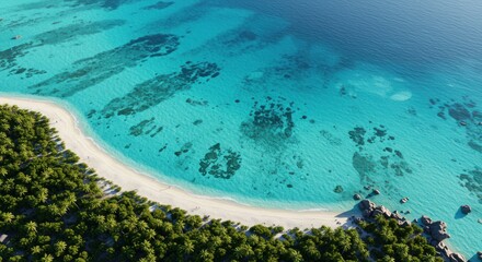 Fototapeta premium Aerial View of Tropical Island Paradise: Turquoise Waters, White Sand Beach, Lush Palm Trees