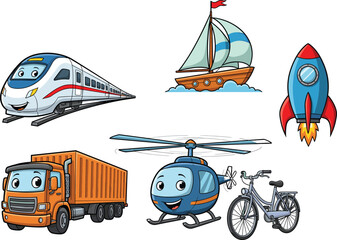 Cartoon transportation set, high‑speed train, sailboat, rocket, cargo truck, helicopter, bicycle, cute smiling vehicles vector illustration for kids