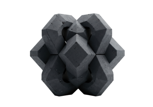 Rigid interlocked charcoal grey concrete blocks with rough texture & visible aggregate, on a transparent background with copy space, soft studio light, architectural stability concept