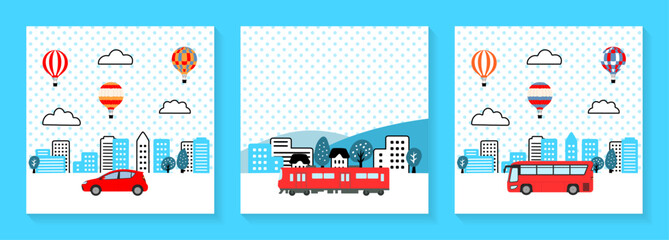 町並み、電車、バスと、車、気球のイラストセット © cocirael