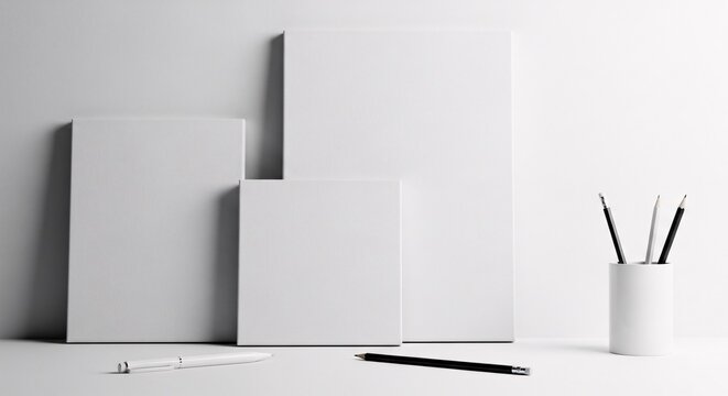 Three blank white canvases or boards arranged on a white surface with a white wall background, alongside a pencil holder with pencils and a single pencil on the surface, isolated on white background