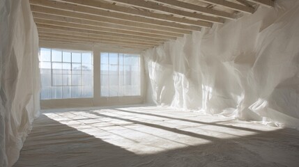 Spacious room with white sheeting and beams for minimalist World Design Day.