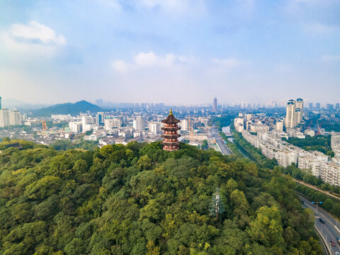 Aerial Photography Of Jishan Pagoda In Shaoxing Historic Scenic Landmark