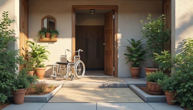 Accessible apartment entrance features wheelchair ramp for handicapped residents. Building provides easy access with modern ramp installation. Entrance offers open doorway, potted plants, sunlight.