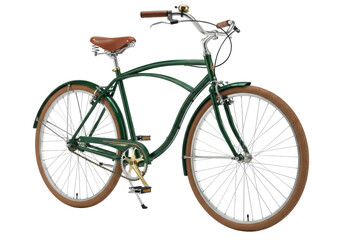 Fototapeta premium A classic deep forest green vintage cruiser bicycle with tan tires and brown leather details, perfectly poised in a studio against a transparent background, concept of timeless elegance and urban
