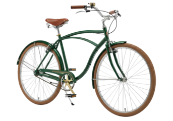 A classic deep forest green vintage cruiser bicycle with tan tires and brown leather details, perfectly poised in a studio against a transparent background, concept of timeless elegance and urban