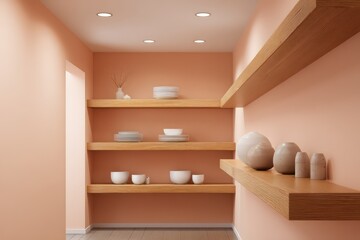 Warm-toned bathroom floating shelves in golden oak, peachy pink walls, and porcelain accessories, rim light from recessed ceiling LED,