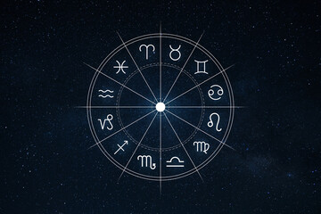 Zodiac wheel with twelve astrology signs on starry night sky background, symbol of horoscope, astrology, mysticism, and cosmic energy. Predictions and fortune telling, concept