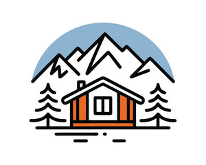Minimalist Cabin in Mountains with Pine Trees and Blue Sky - Vector Illustration
