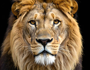 Fototapeta premium Majestic Lion's portrait showcasing detailed facial features and a thick, golden mane against a dark background.