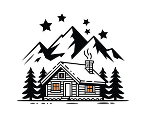 Winter Wonderland Log Cabin Amidst Snowy Peaks and Night Sky - Outdoor Adventure Graphic
