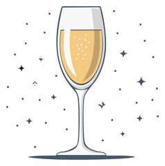 Elegant Champagne Flute with Sparkling Bubbles and Festive Starry Atmosphere Illustration