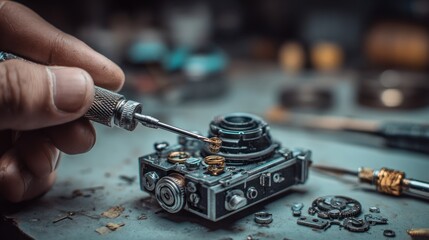 Repairing a miniature camera with tools; focusing on detail and precision