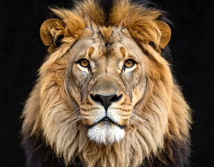 Fototapeta premium Majestic lion portrait with intense gaze and impressive, flowing mane against a dark background.