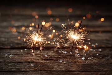 Glowing sparklers on rustic wood with bokeh background a festive scene