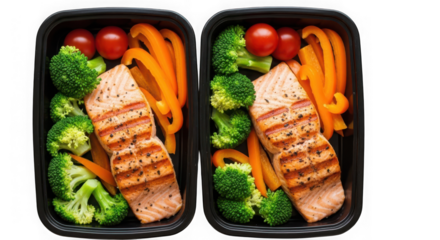 Two meal prep containers filled with grilled salmon, broccoli florets, cherry tomatoes, and sliced orange bell peppers, isolated on transparent background