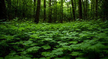 Fototapeta premium Lush Forest Undergrowth: Dew-Kissed Green Leaves and Deep Shadows