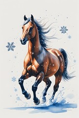 A beautiful horse running through the snow with snowflakes, watercolor style, isolated on white background