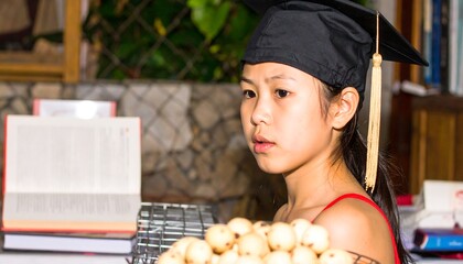 Young Woman in Graduation Cap Looking Thoughtful.