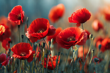 Obraz premium Vibrant red poppies in a field bathed in sunlight a breathtaking natural scene