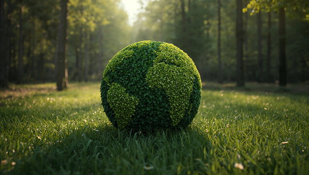 Green Earth Globe Made Of Grass On Meadow In Forest Symbol Of Ecology Nature Conservation And Sustainability - Powered by Adobe