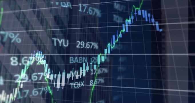 A stock market display with green, pink, and blue stock market tickers and graphs - Powered by Adobe