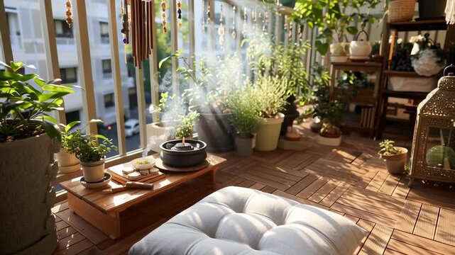 Flatlay of morning meditation corner cushion, essential oil diffuser, slow living setup.
