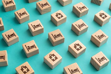 Fototapeta premium Repeating Pattern of Wooden Cubes with Medical Icons on Teal Surface health healthcare