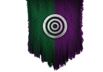 An anachronistic emerald green and regal purple deep pile wool banner with frayed edges, silver interlocking spiral emblem, against a transparent background, copy space. Concept of ancient mystery
