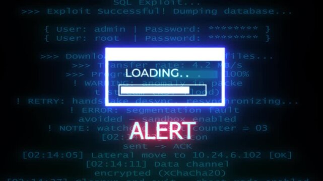 Cyber Infiltration Loading Interface: Digital Virus Attack Animation, Terminal Hack Screen, Data Breach Progress, Firewall Exploit Visual