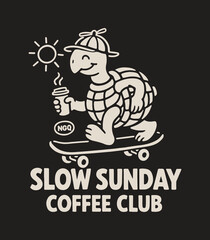 Slow Sunday Coffee Club Retro T-Shirt – Skateboarding Turtle Coffee Lover Graphic
