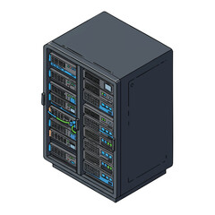 Fototapeta premium Isometric illustration of a server rack unit with multiple servers and cables.