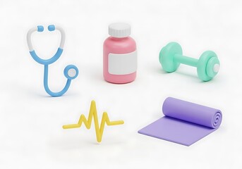 Healthcare and Fitness Icons Stethoscope Pill Bottle Dumbbell Heartbeat Yoga Mat
