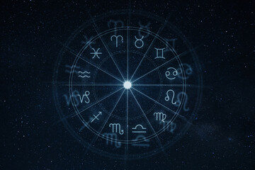 Zodiac wheel with twelve astrology signs on starry night sky background, symbol of horoscope, astrology, mysticism, and cosmic energy. Zodiac signs and astrology with constellations, concepts