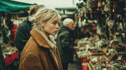 A young woman in a brown coat gazes intently at market stalls, a thoughtful expression