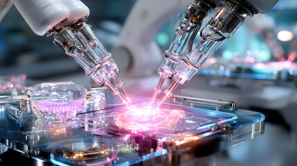 High-tech 3D render of a robotic surgery arm working in a sterile medical environment.