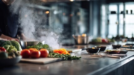 Steaming food prep on a metal counter in a bright, modern kitchen