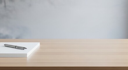 A notebook and pen sit on a wooden desk with copy space and a blurred background, perfect for a minimalist workspace