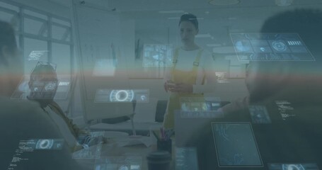 Animation of data processing over diverse business people having meeting at office - Powered by Adobe