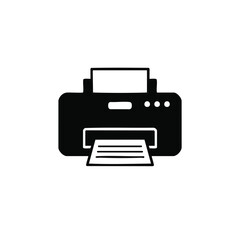 Simple black printer icon, depicting a device printing a document.
