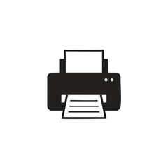 A simple black and white icon of a printer with paper outputting a document.