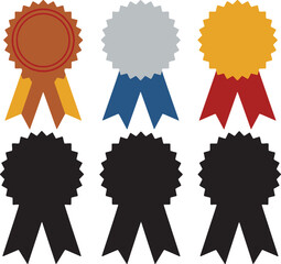 A set of colorful award ribbons and their corresponding black silhouettes, representing achievement and honor.