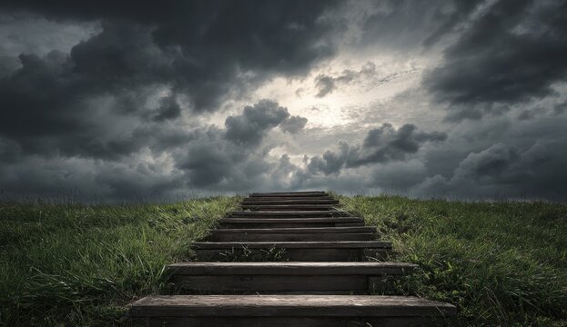 Wooden steps ascend a grassy hill, toward a dramatic sky filled with dark clouds and a glimpse of sun - Powered by Adobe